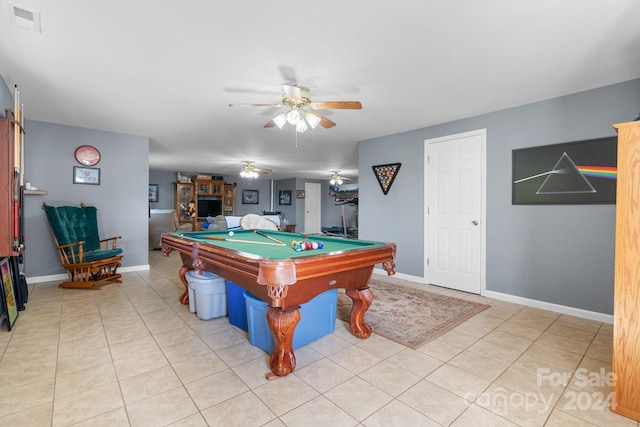 playroom with ceiling fan, light tile patterned flooring, and billiards