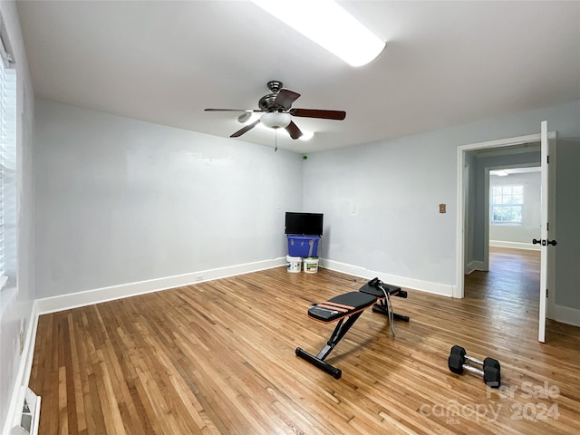 workout area featuring ceiling fan and hardwood / wood-style flooring