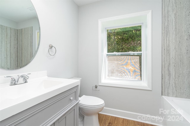 bathroom featuring wood-type flooring, a bathtub, vanity, and toilet