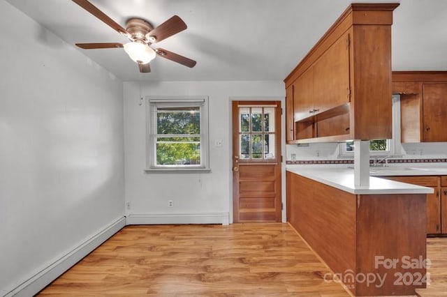 kitchen with ceiling fan, sink, kitchen peninsula, light hardwood / wood-style flooring, and baseboard heating