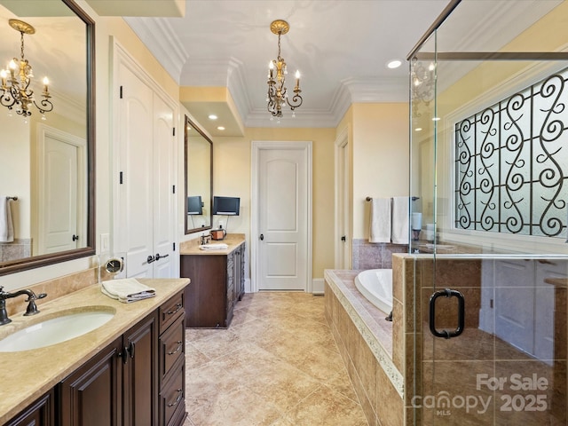 bathroom with independent shower and bath, crown molding, vanity, and a notable chandelier