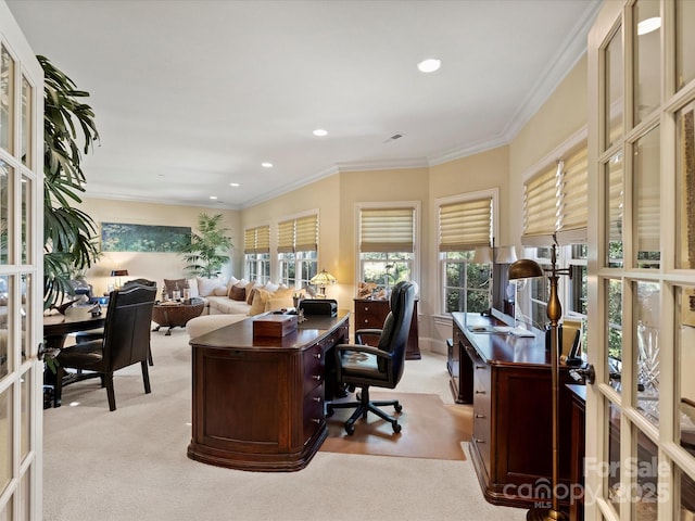 office area with light carpet, french doors, and ornamental molding