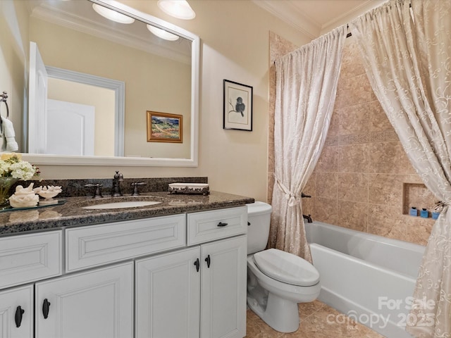 full bathroom featuring tile patterned flooring, vanity, toilet, shower / tub combo with curtain, and crown molding