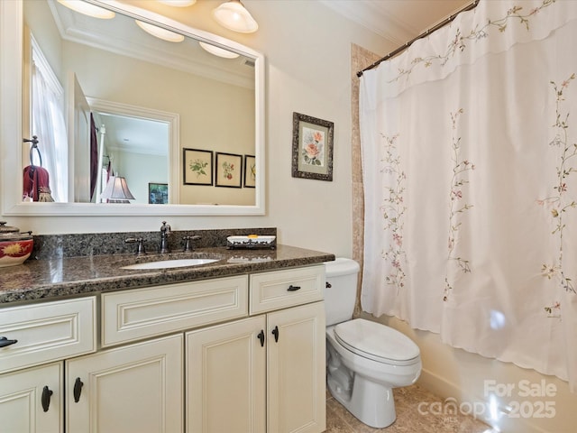 full bathroom featuring tile patterned floors, vanity, toilet, shower / tub combo with curtain, and crown molding