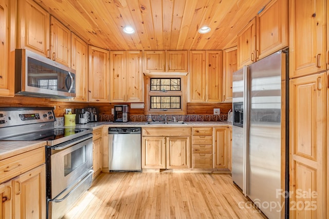 kitchen featuring recessed lighting, light wood-style flooring, wooden ceiling, stainless steel appliances, and a sink