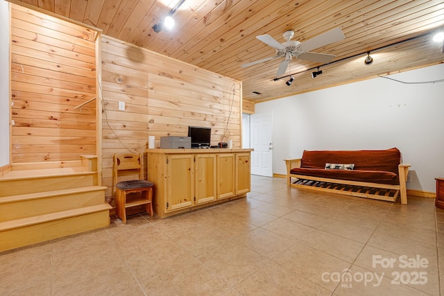 office area featuring light tile patterned floors, track lighting, wooden ceiling, and ceiling fan