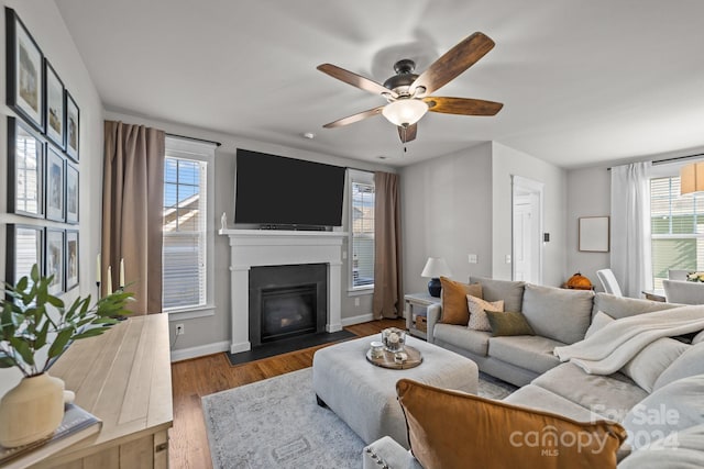 living room featuring wood-type flooring, a wealth of natural light, and ceiling fan