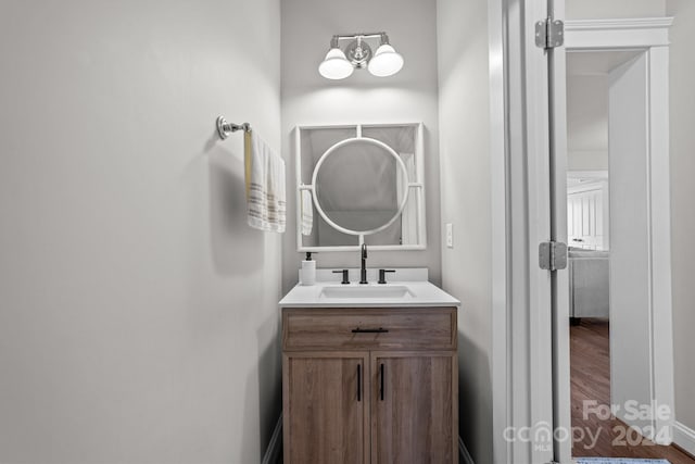 bathroom with hardwood / wood-style floors and vanity