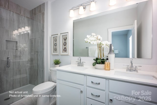 bathroom with vanity, an enclosed shower, and toilet