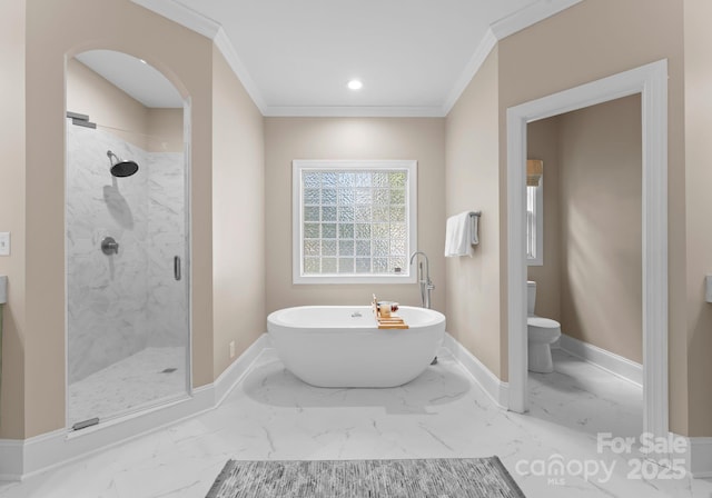 bathroom with shower with separate bathtub, toilet, and crown molding