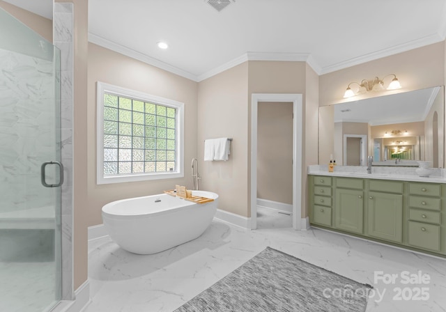 bathroom featuring vanity, ornamental molding, and independent shower and bath