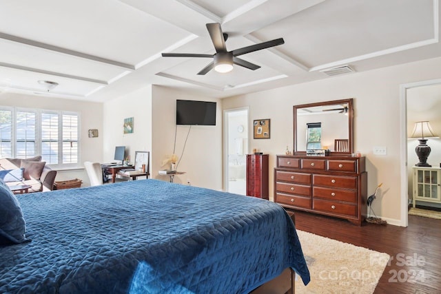 bedroom featuring ceiling fan, beam ceiling, and dark hardwood / wood-style flooring