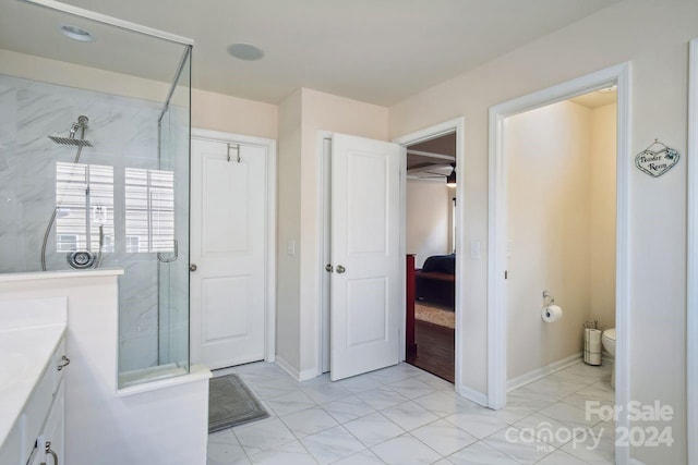 bathroom with vanity, a tile shower, and toilet