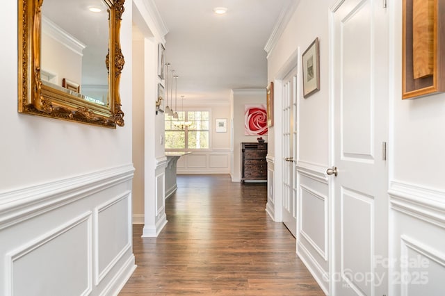 corridor with crown molding and dark hardwood / wood-style floors