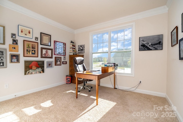 home office with ornamental molding and light carpet