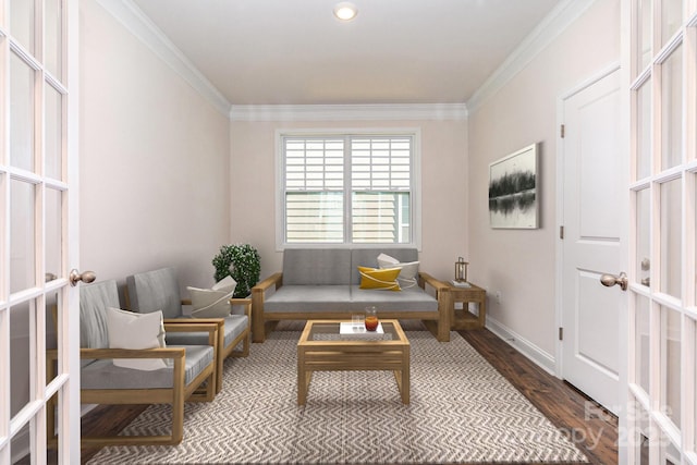 living area featuring french doors, dark hardwood / wood-style floors, and crown molding