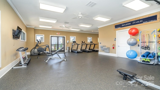 exercise room featuring ceiling fan and crown molding