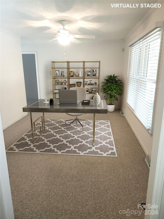 office space with carpet floors, a textured ceiling, crown molding, and ceiling fan