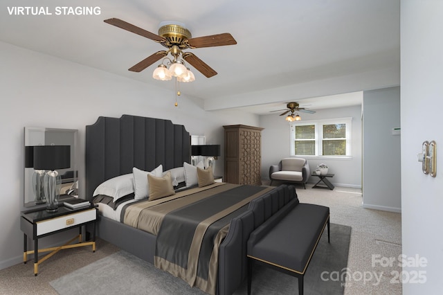 bedroom featuring carpet floors, a ceiling fan, and baseboards