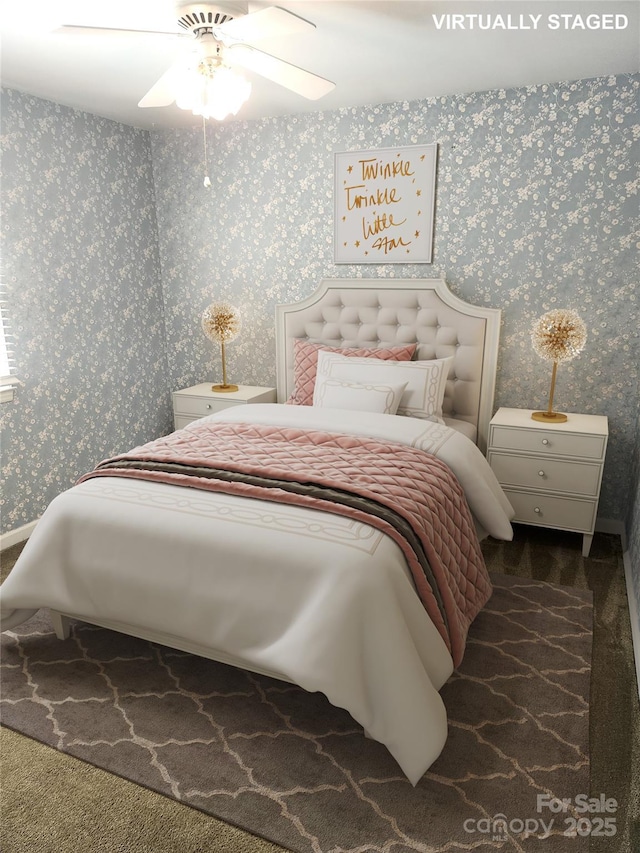 bedroom with carpet, a ceiling fan, and wallpapered walls