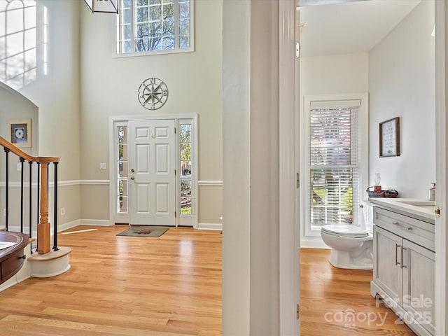 foyer with a towering ceiling and light hardwood / wood-style flooring