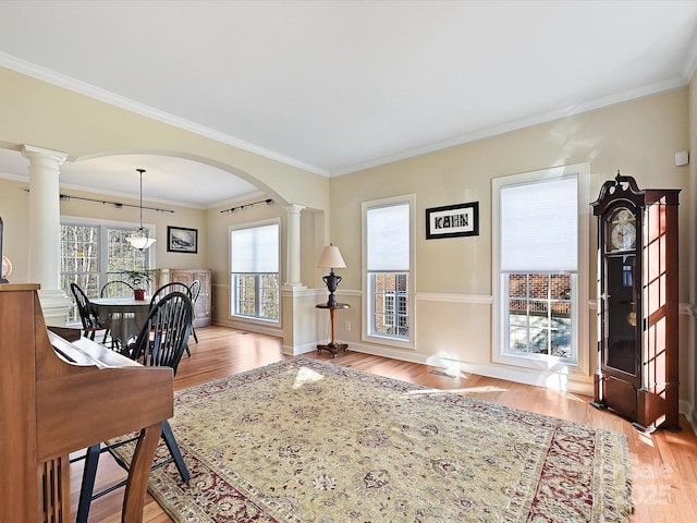 interior space with crown molding, decorative columns, and light hardwood / wood-style floors