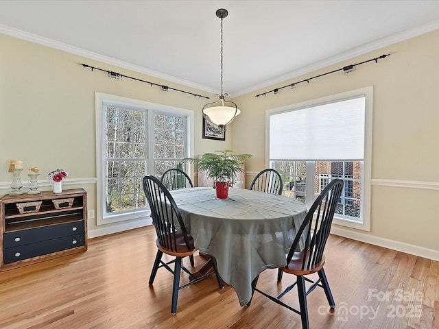 dining area with crown molding and light wood-type flooring