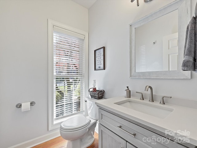 bathroom with vanity, wood-type flooring, and toilet