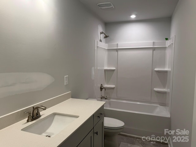 full bathroom with shower / tub combination, vanity, toilet, and tile patterned floors