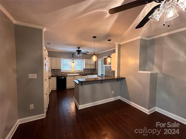 kitchen with ceiling fan, black dishwasher, kitchen peninsula, dark hardwood / wood-style floors, and white cabinets