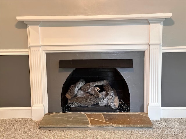 room details with a fireplace and carpet