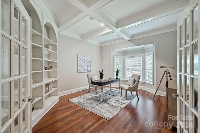 home office with beam ceiling, coffered ceiling, dark hardwood / wood-style floors, and crown molding