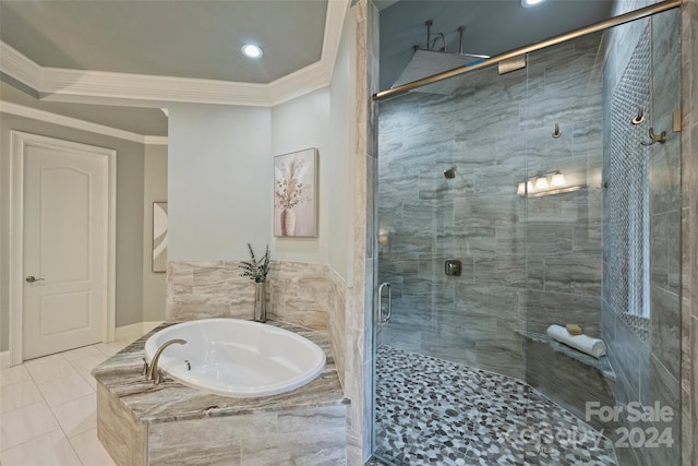 bathroom featuring plus walk in shower, crown molding, and tile patterned flooring