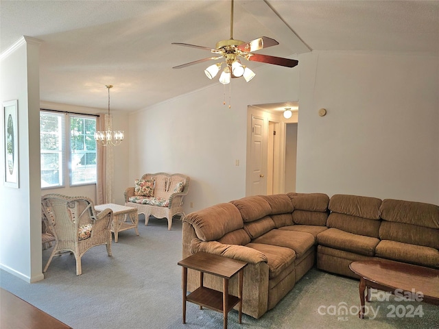 living room featuring carpet flooring, ceiling fan with notable chandelier, lofted ceiling, and crown molding