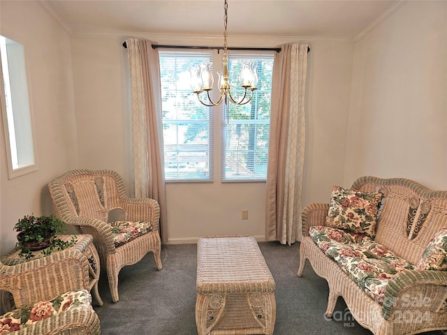 sitting room with an inviting chandelier, crown molding, and dark colored carpet