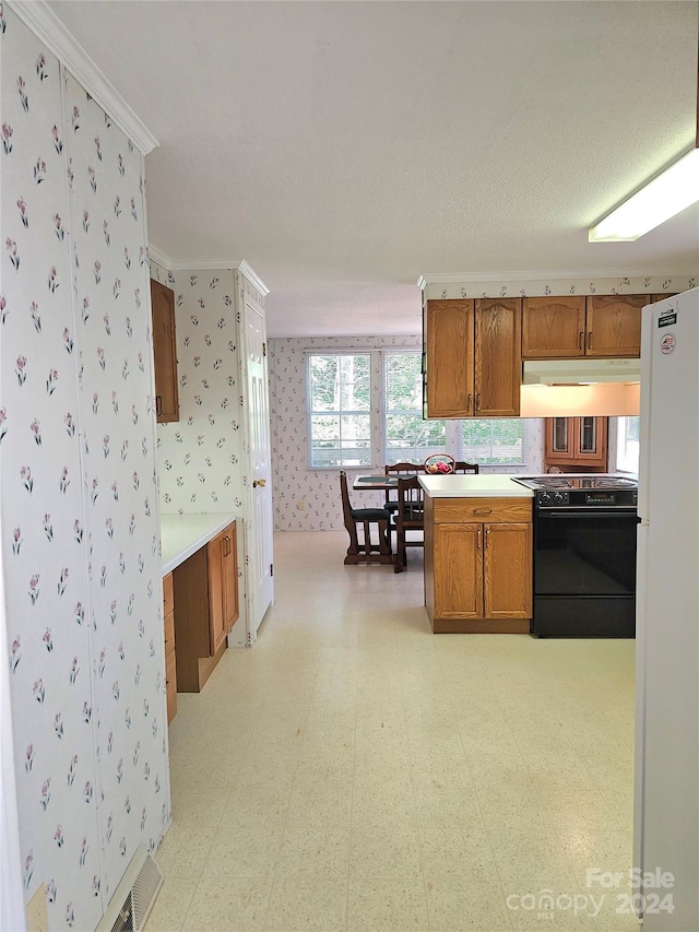 kitchen featuring ornamental molding, kitchen peninsula, white refrigerator, and electric range