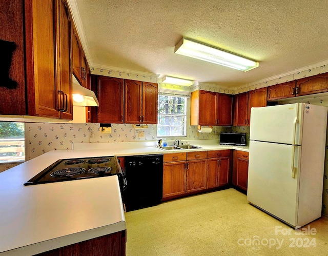 kitchen featuring a textured ceiling, black appliances, and sink