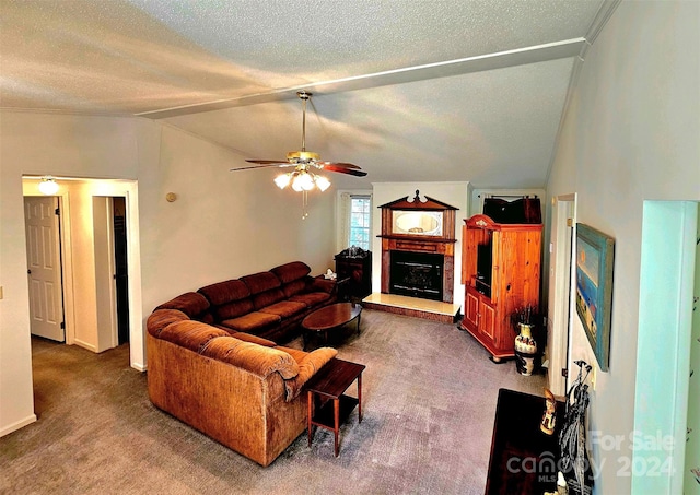 living room featuring a textured ceiling, carpet, lofted ceiling, and ceiling fan