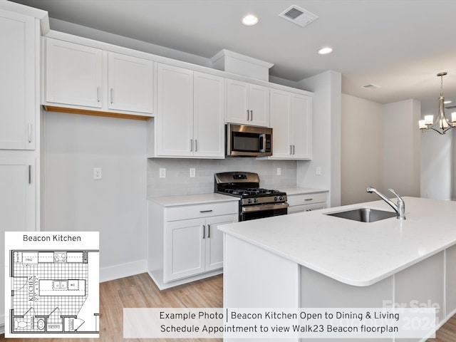 kitchen with white cabinets, a center island with sink, appliances with stainless steel finishes, and sink