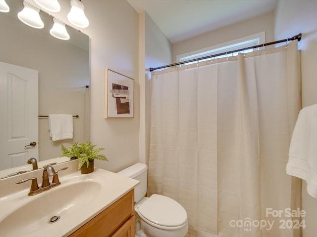 bathroom featuring vanity, toilet, and a shower with shower curtain