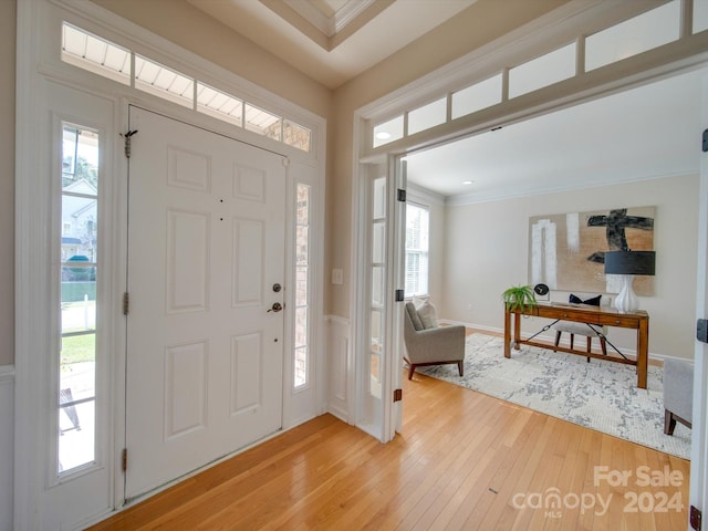 entrance foyer featuring a healthy amount of sunlight, wood-type flooring, and ornamental molding