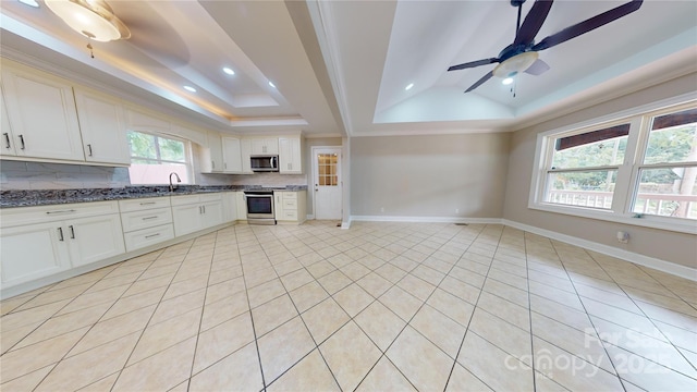 kitchen with decorative backsplash, sink, appliances with stainless steel finishes, and a tray ceiling