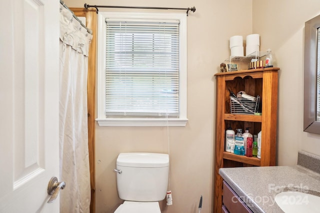 bathroom featuring toilet, a shower with curtain, and vanity