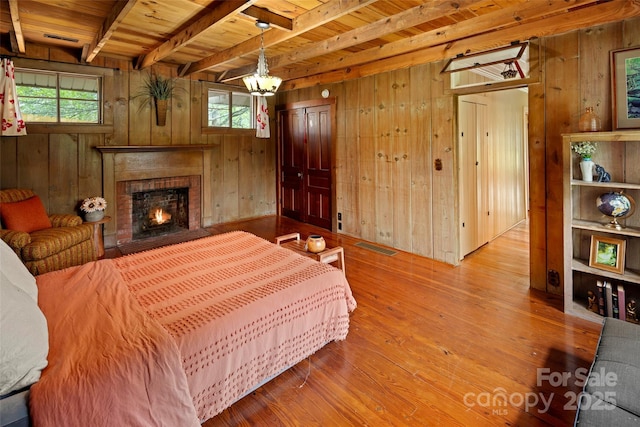 139 Neely Rd, Brevard, NC 28712 - bedroom featuring beamed ceiling, wooden walls, wood finished floors, and wood ceiling