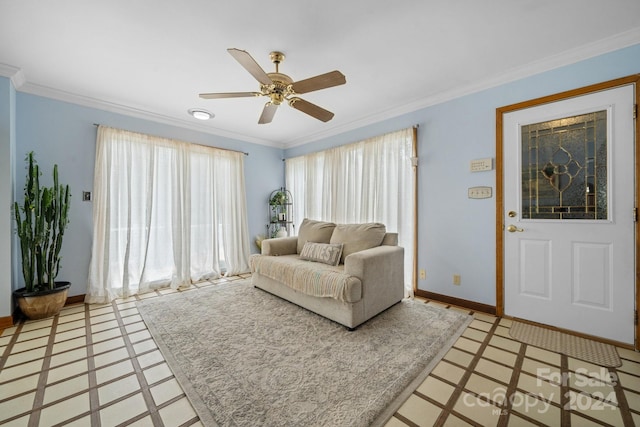 living room with crown molding, tile patterned floors, and ceiling fan