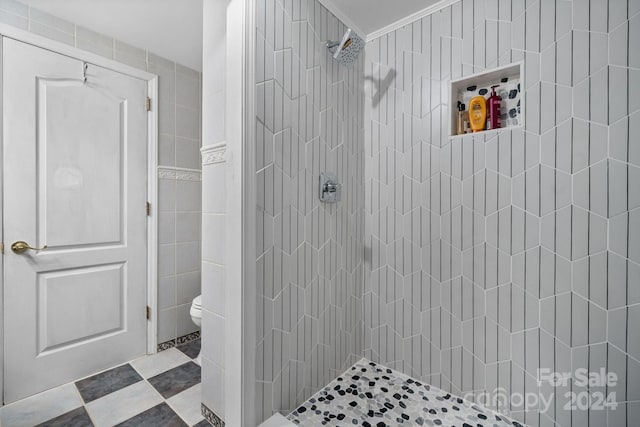 bathroom featuring tile walls, toilet, and tiled shower