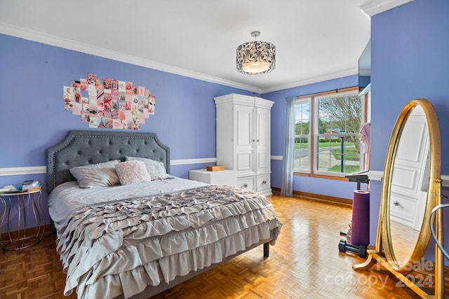 bedroom featuring parquet flooring and crown molding