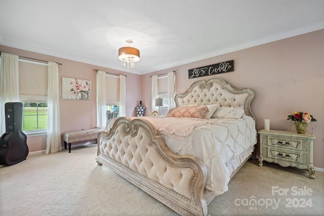 bedroom featuring carpet floors and ornamental molding