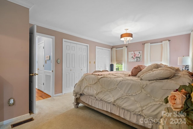 carpeted bedroom featuring crown molding and multiple closets