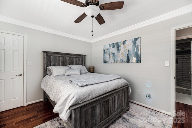 bedroom with wood-type flooring, ceiling fan, and ornamental molding